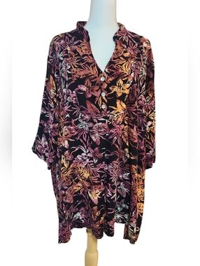 Blue Sky Black and Coral Floral Tunic Blouse